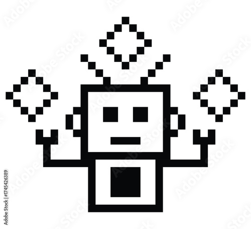 Cartoon pixel art of humanoid robot or ai learning skill robotic chat bot robots business vector character automation background 8 bit decoration.