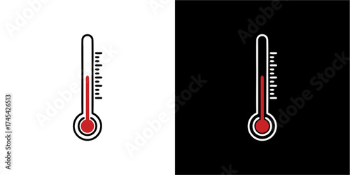 Two thermometer icons showing a high temperature, one on a white background, the other on black.