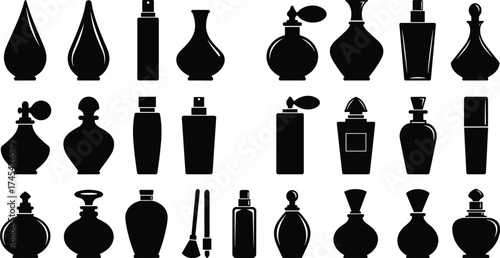 Perfume bottle silhouette icon set, elegant fragrance container vector illustration, cosmetic beauty product collection, luxury aroma packaging design elements for branding