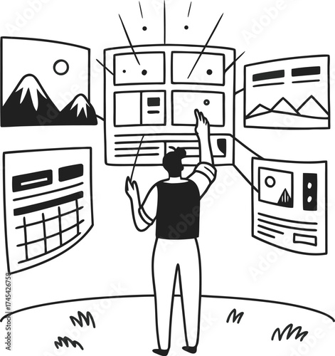 Person interacting with interactive digital display screens in modern technology environment isolated on transparent background
