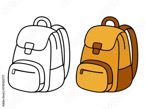 Simple illustration set showing a sturdy backpack or rucksack with a flap and pockets in an orange and brown design, and an outline or coloring page version. Concept for travel, school, or hiking.
