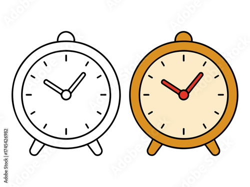 Simple illustration set showing an alarm clock with a round face and tripod base in a two-tone orange design, and an outline or coloring page version. Concept for time, schedule, and waking up.