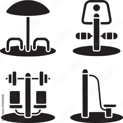 Four black silhouette icons of outdoor fitness equipment on a white background in a square format
