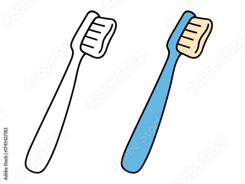 Simple illustration set showing a blue toothbrush and an outline or coloring page version. Concept for dental care, hygiene, and health education for children. Isolated on white.