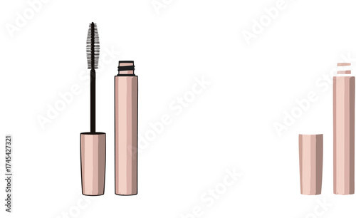 Two sets of mascara tubes, one opened with the wand exposed, the other closed, isolated on a white background.