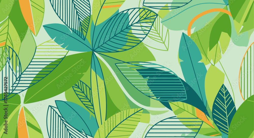 Fototapeta premium Vibrant Green Tropical Leaves Pattern with Geometric Elements, Abstract Background Design for Nature Themes