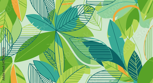 Vibrant Green Tropical Leaves Pattern with Geometric Elements, Abstract Background Design for Nature Themes