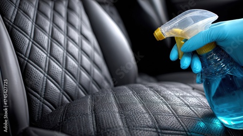 Cleaning leather car seats with a spray bottle and rubber gloves during daytime