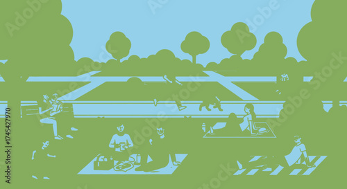Happy people enjoying various activities in a vibrant green park under a bright blue sky, conveying community and outdoor leisure.