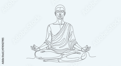 Meditating man in lotus pose with closed eyes, practicing yoga on an isolated light background, conveying peace and spiritual harmony.