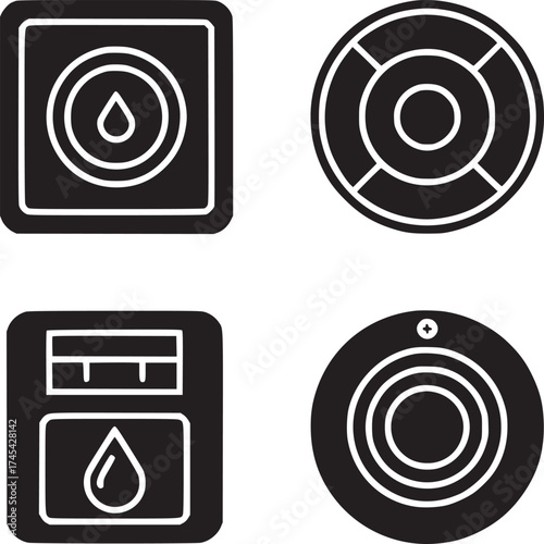 A set of four black and white icons featuring water drops and circular designs in a simple layout