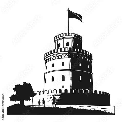 Tower Silhouette Illustration with People, Flag and Tree in Black and White on White Background
