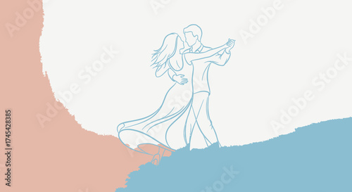 Elegant Line Art Illustration of a Dancing Couple in a Romantic Embrace on an Abstract Background