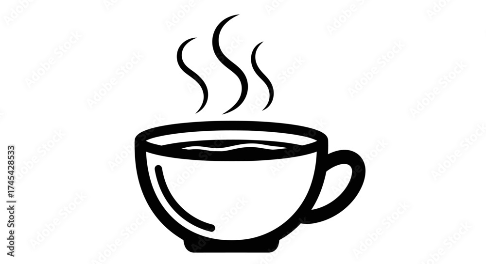 Obraz premium Cozy Steaming Hot Coffee Cup with Swirling Steam in Black and White Icon on Isolated White Background