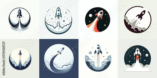 A minimalist flat vector collection celebrating World Space Week, featuring rockets, astronauts, planets, satellites, and space exploration scenes