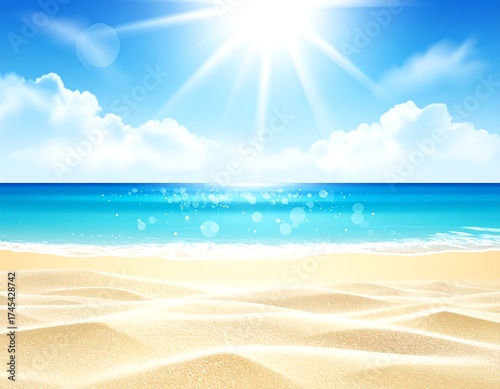 Sandy beach scene with sun, sky, ocean
