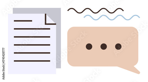 Papers with text lines paired with a speech bubble containing three dots, expressing communication and messaging. Ideal for content sharing, discussion, collaboration, writing, strategy, teamwork