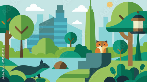 A depiction of an urban park with native flora and fauna including squirrels and racs showcasing the integration of wildlife within city landscapes.