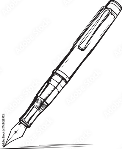 Black and white vector illustration of elegant fountain pen with detailed nib and clip making ink mark