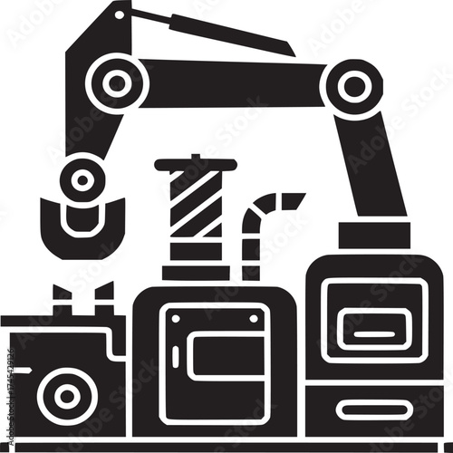 A black and white illustration of a robotic arm over industrial containers and machinery elements