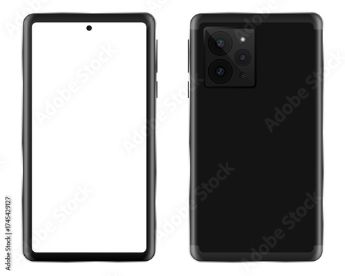 Realistic black smartphone vector mockup shown from front and back. Features a punch-hole selfie camera and a multi-lens rear camera module. Perfect for app or UI design presentations.