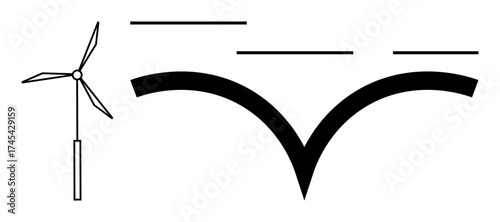 Wind turbine beside abstract curved shapes suggesting energy flow or environmental harmony. Ideal for sustainability, clean energy, innovation, progress, environmental awareness, eco-ideas