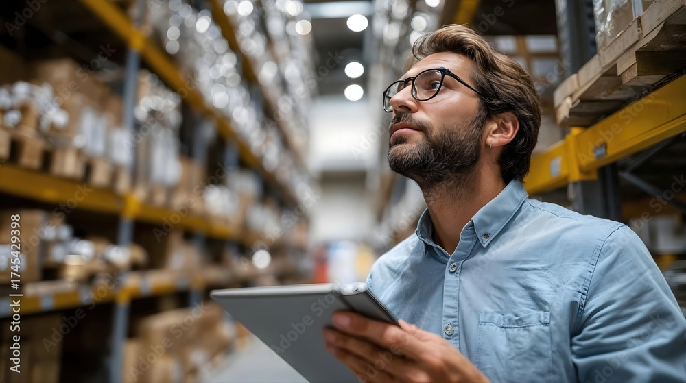 Fototapeta premium Homme d'affaires avec tablette inspectant les rayonnages d'un entrepôt