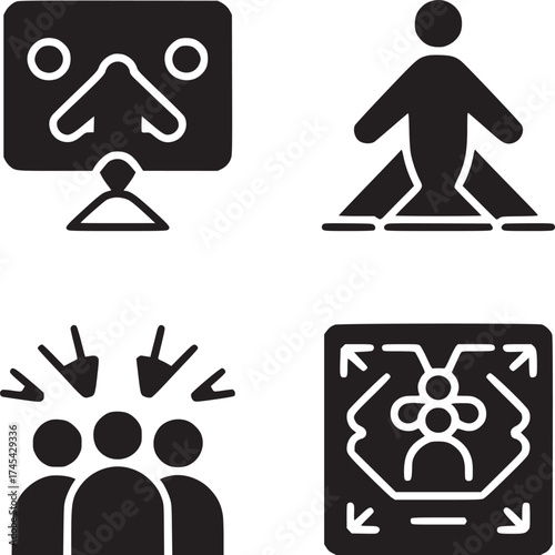 Four black and white icons depicting online presence leadership and group dynamics on a white background