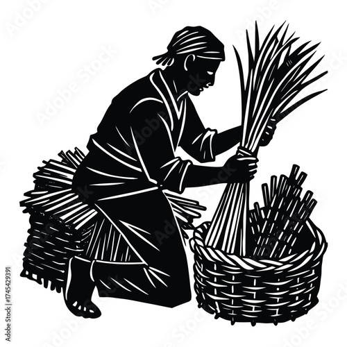 Farmer Silhouette Gathering Reeds and Bundling, Harvesting Natural Materials, Wicker Baskets on White Background