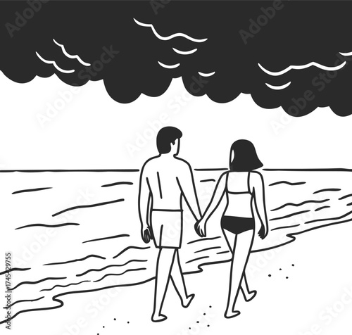 Silhouette couple walking together by lake under cloudy sky peaceful scenery isolated on transparent background