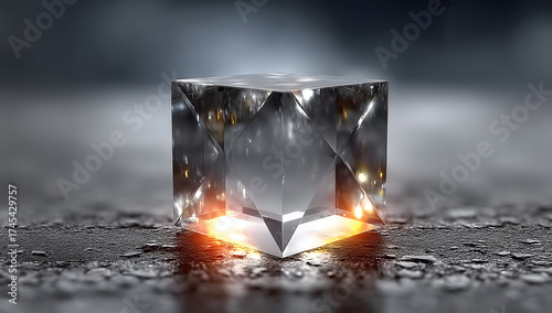 Transparent crystal cube with glowing light reflections on dark wet surface, futuristic minimal design concept with glass prism geometry, elegant symmetry, and high contrast lighting
