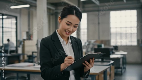 Wallpaper Mural Young professional woman smiling and taking notes in modern office space with large windows and industrial decor Torontodigital.ca