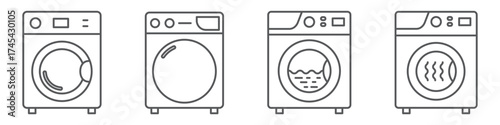 Washing machine linear icons set isolated on transparent background. Includes washing machine with open and closed door. Simple outline laundry appliance symbols. Editable stroke vector.