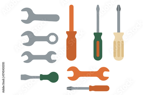 Assortment of common mechanical and household repair tools like spanners and screwdrivers arranged on white