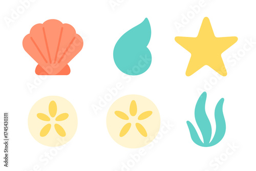 Collection of colorful flat design marine life icons and ocean elements