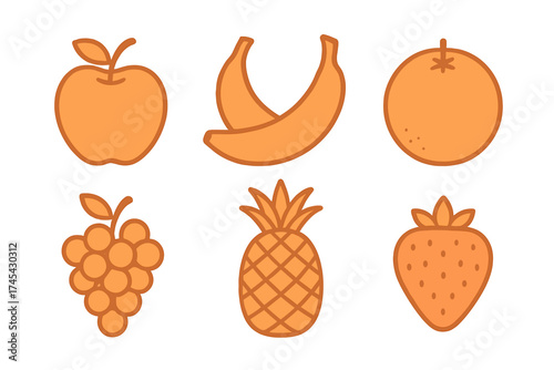 Simple orange fruit icons featuring apple banana orange pineapple and strawberry
