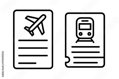 Outline icons representing airplane boarding pass and train ticket for travel and transportation booking