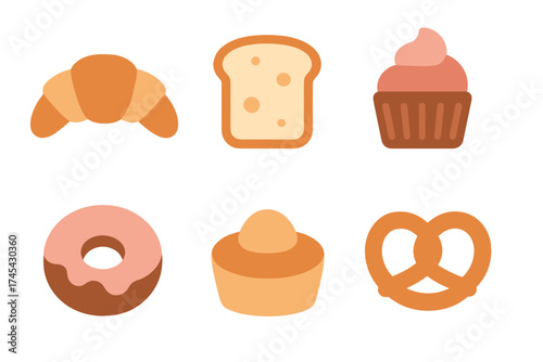 Collection of sweet and savory bakery items: croissant, bread, cupcake, donut, pretzel