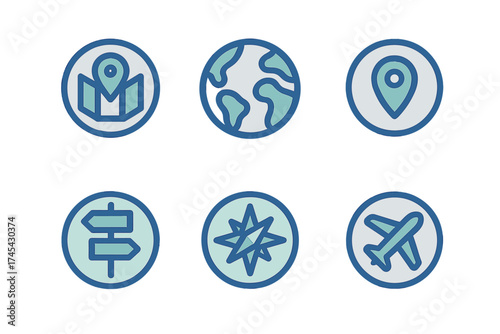 Set of global travel and navigation symbols including map, compass, and airplane signs