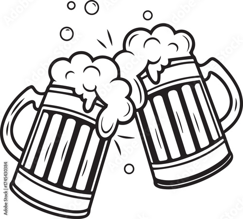 Two beer mugs clinking together in celebration vector illustration art