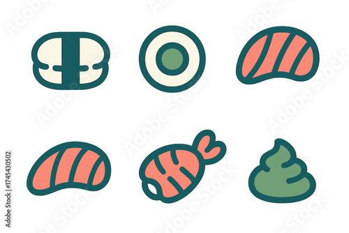 Minimalist set of traditional Japanese sushi rolls and nigiri pieces with wasabi paste
