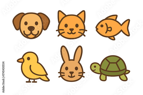 Adorable set of six domestic and wild animal characters featuring dog cat rabbit fish bird and turtle