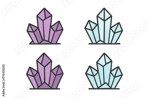 Set of colorful stylized crystal clusters with geometric facets in purple and blue shades