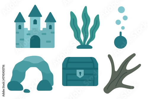 Stylized set of underwater elements including a sunken castle, treasure chest, rock arch, and aquatic plants