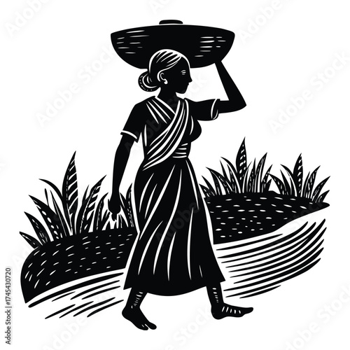 Indian Woman Silhouette Carrying Load Illustration and Traditional Artistic Design on White Background