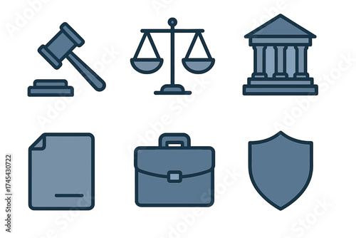 Essential symbols of law and justice including court gavel scales building document and defense shield