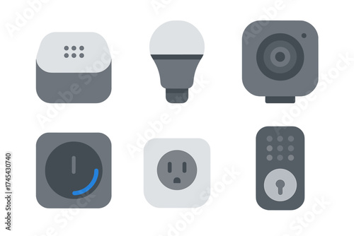 Collection of modern smart home technology icons including security camera, light bulb, and thermostat controls