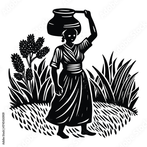Woman Carrying Water Pot Silhouette, Graphic Illustration, Black and White Art on White Background
