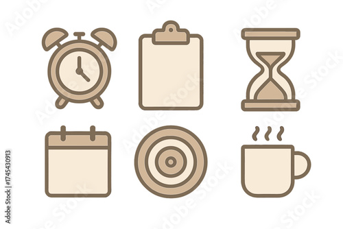 Minimalist icons for scheduling planning goals and time management in a neutral palette