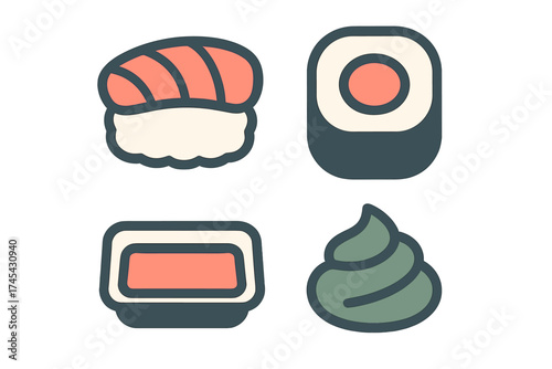 Japanese sushi food icons featuring nigiri, maki roll, soy sauce dish, and wasabi paste